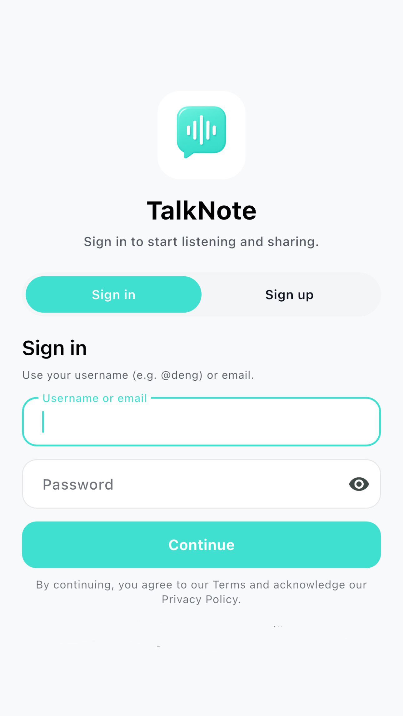 TalkNote Sign In Screen